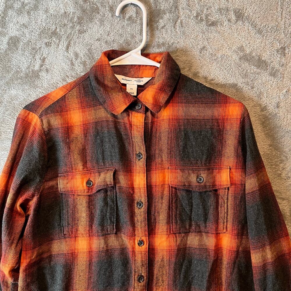 Old Navy Women’s Swifty Evermore Boyfriend Flannel Orange Black Plaid Size XS